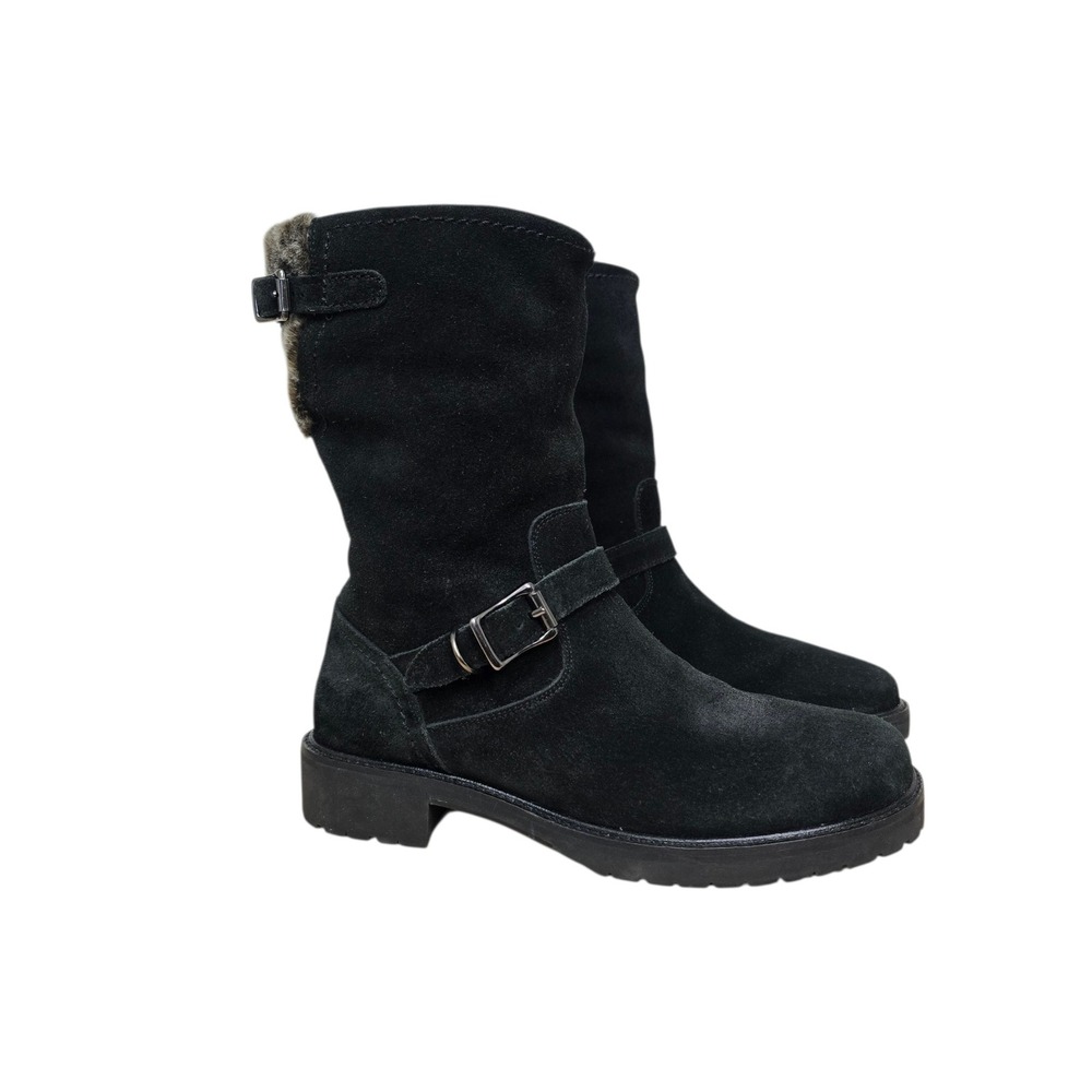 Cole Haan Black Suede Faux Fur Moto Boots Vibram Sole D13849 Womens 7.5‎ B